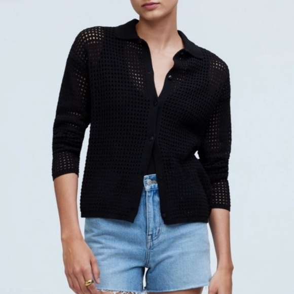 Madewell Sweaters - Madewell Open-Stitch Polo Cardigan In Black Size Large